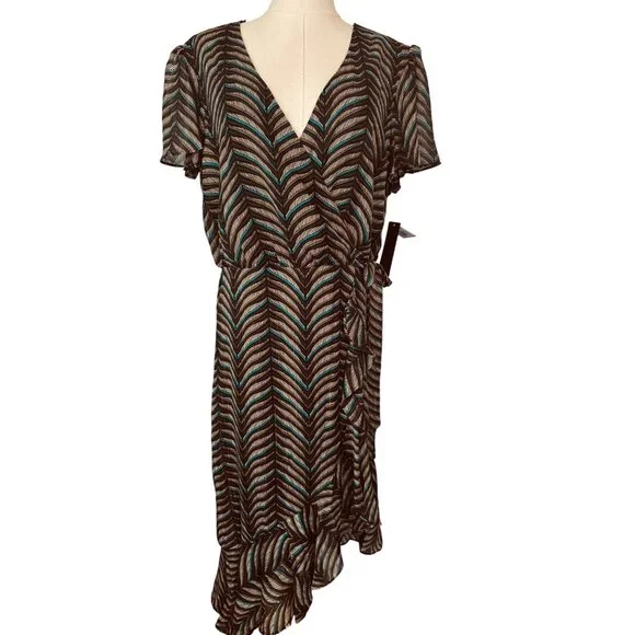 NWT City Studio Size 15 Multicolor Chevron Wrap Dress Ruffle Hem V-Neck - Picture 5 of 16